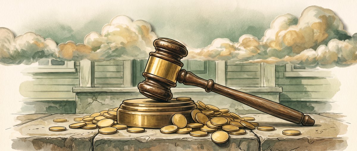 A wooden auctioneer’s gavel resting on a brass block, with gold coins spilled across the step beneath it