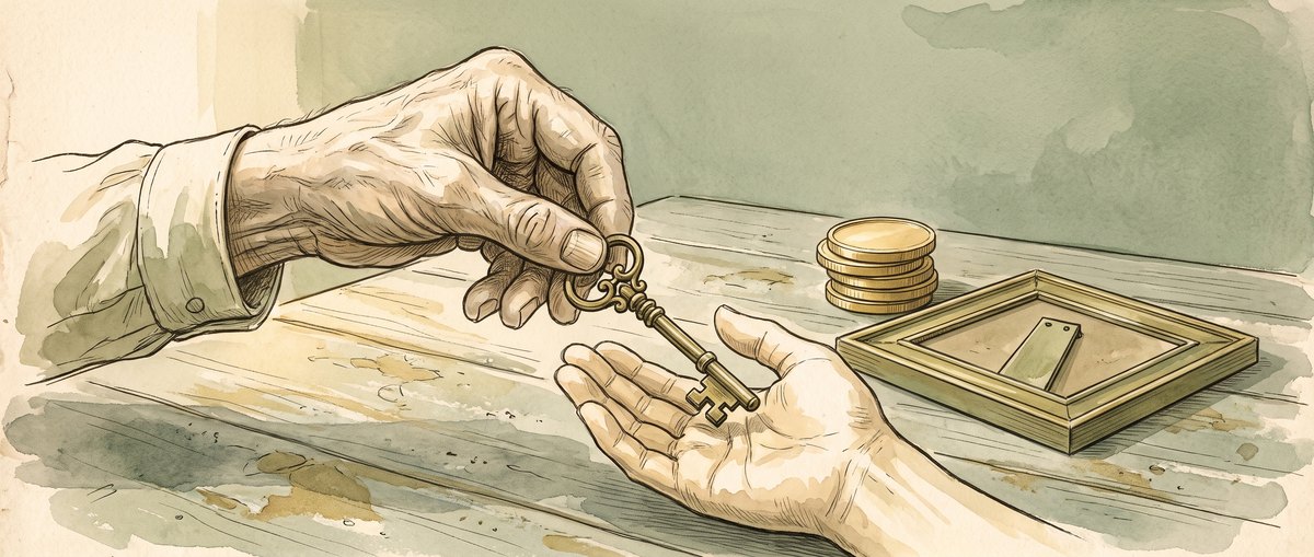 An older hand passing a brass key into a younger open palm, beside a small stack of coins and an empty picture frame
