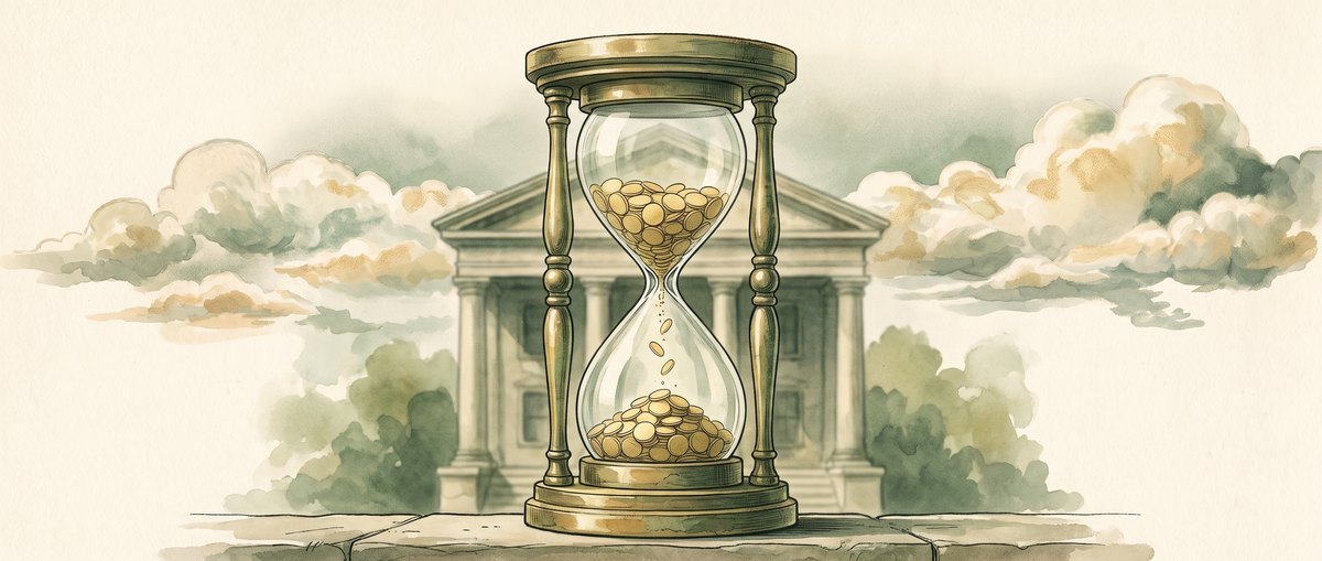 A brass hourglass on a courthouse ledge, its falling sand made of gold coins