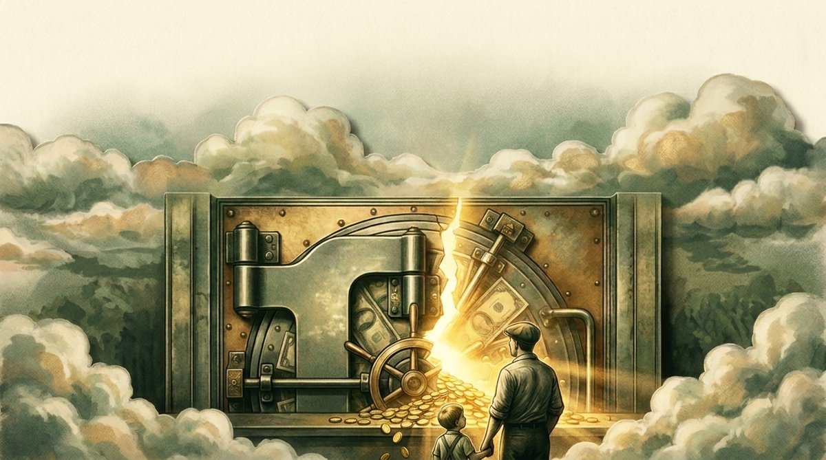 Gold light breaking through the seam of the vault door as coins spill out