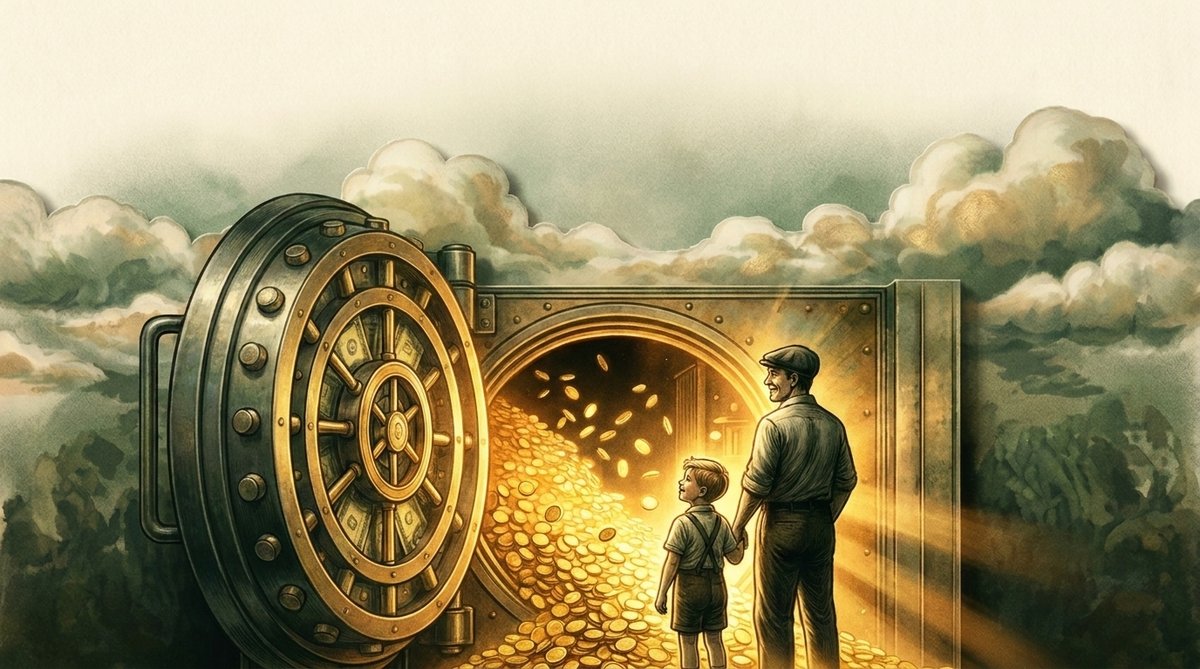 An engraved illustration of a vault swung open, gold coins pouring out toward a man and his son standing in the light